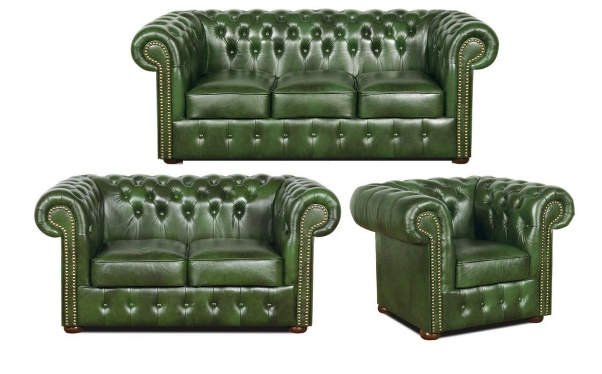 Chesterfield Wohnzimmer 3er Set Grün - Luxus Echtleder Möbel