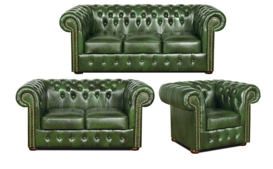Chesterfield Wohnzimmer 3er Set Grün - Luxus Echtleder Möbel