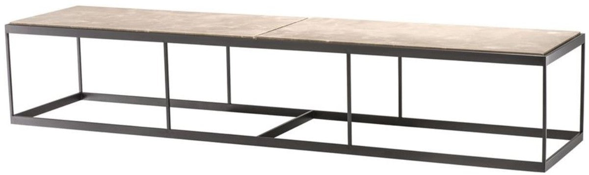 Couchtisch Beige / Bronze 190 x 45 x H. 35 cm - Luxus Edelstahl Wohnzimmertisch mit Marmorplatte