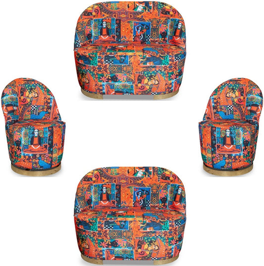 Designer Art Deco Wohnzimmer Set Mehrfarbig / Gold - 2 Sofas & 2 Drehsessel - Wohnzimmer Möbel - Art Deco Möbel