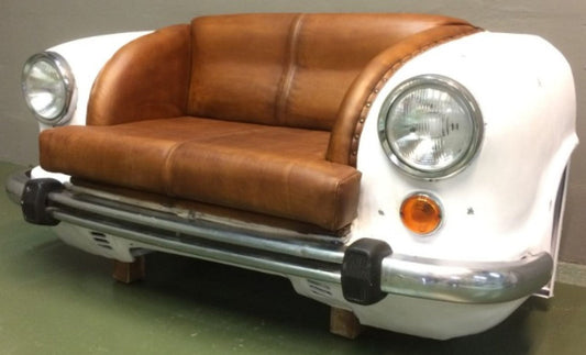 Designer Autosofa Cognacfarben / Weiß / Silber 158 x 70 x H. 83 cm - Wohnzimmer Sofa im Auto Design - Wohnzimmer Auto Möbel