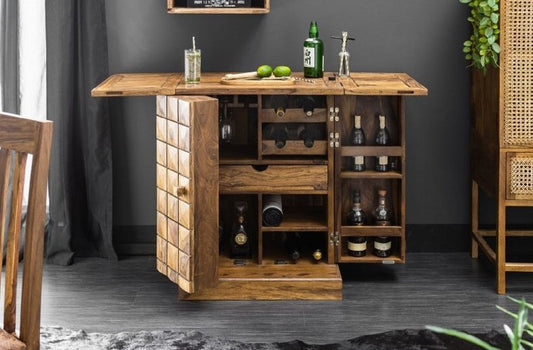 Designer Barschrank Naturfarben / Braun 65-130 x 50 x H. 90 cm - Moderner Massivholz Weinschrank mit 2 Türen und Schublade - Barmöbel