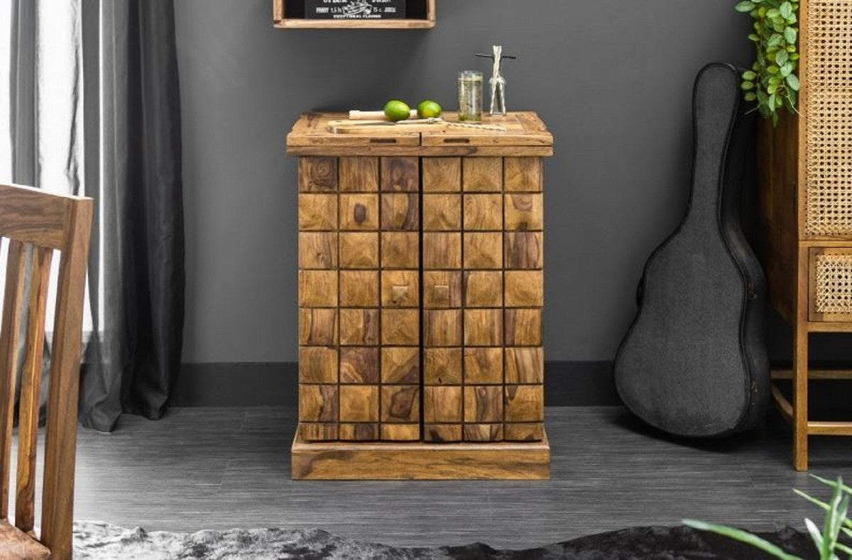 Designer Barschrank Naturfarben / Braun 65-130 x 50 x H. 90 cm - Moderner Massivholz Weinschrank mit 2 Türen und Schublade - Barmöbel