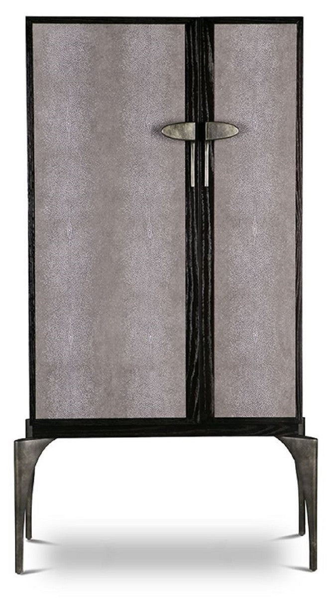 Designer Barschrank Schwarz / Grau / Silber 90 x 50 x H. 160 cm - Massivholz Schrank mit 2 Türen - Wohnzimmer Möbel - Hotel Möbel - Luxus Kollektion