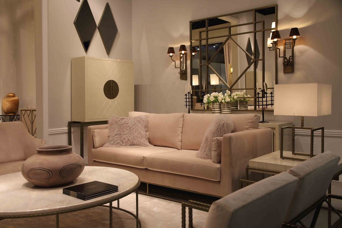 Designer Barschrank Creme / Messing 120 x 40 x H. 190 cm - Edler Weinschrank mit hochwertigen Keramikfliesen - Bar Möbel - Hotel Möbel - Luxus Qualität