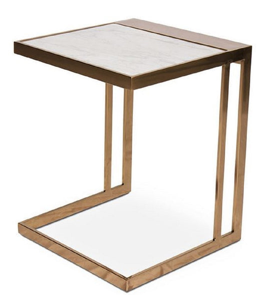 Designer Beistelltisch Rosegold / Weiß 40 x 40 x H. 50 cm - Edelstahl Tisch mit Marmorplatte