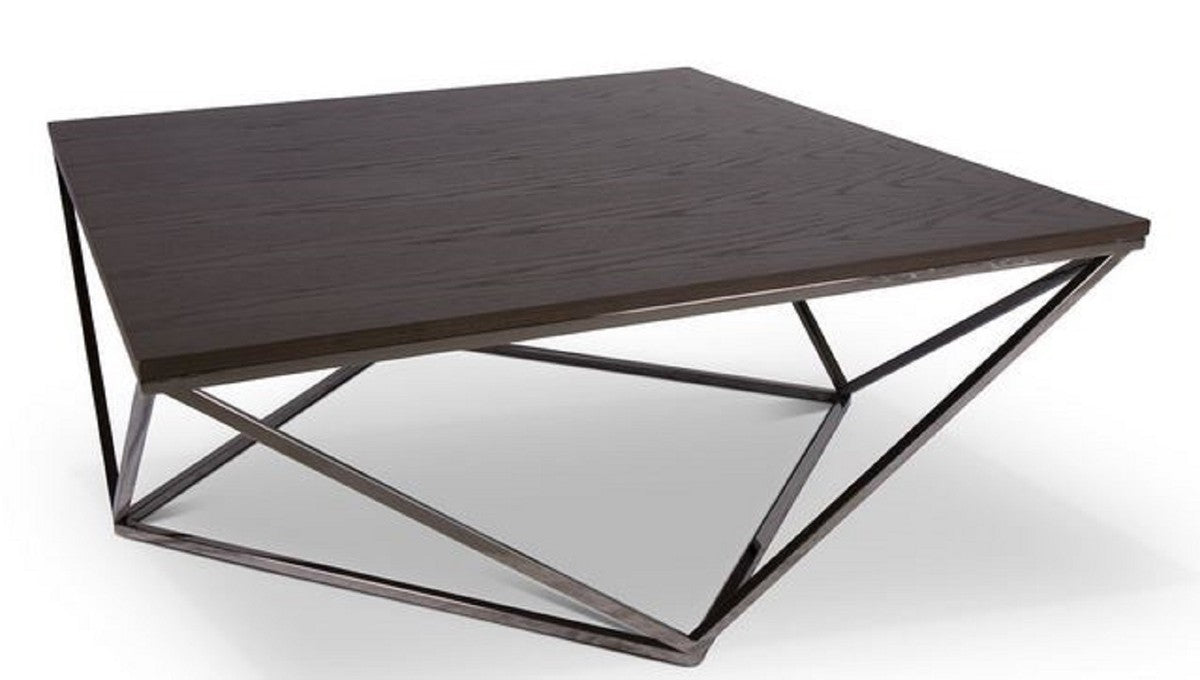 Designer Couchtisch Dunkelbraun / Silber 100 x 100 x H. 38 cm - Luxus Wohnzimmertisch mit gebeizter Eichenfurnierplatte - Wohnzimmermöbel