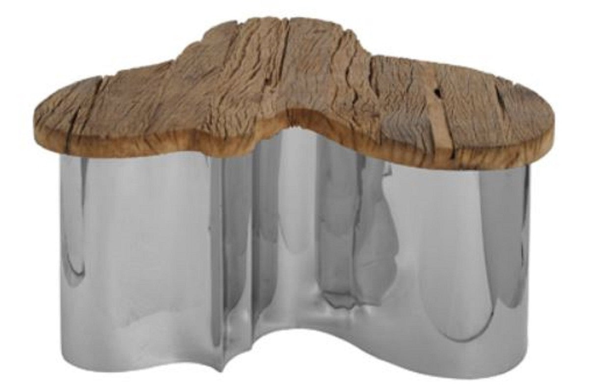 Designer Couchtisch Naturfarben / Silber 90 x 88 x H. 47 cm - Luxus Wohnzimmermöbel