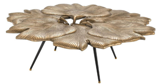 Designer Couchtisch Vintage Messingfarben / Schwarz / Gold 98 x 92 x H. 29 cm - Wohnzimmertisch im Ginkgoblätter Design - Luxus Qualität