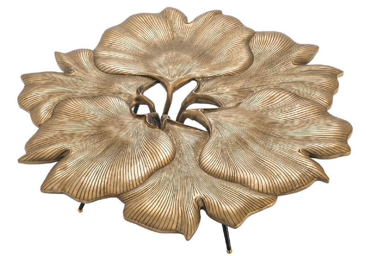 Designer Couchtisch Vintage Messingfarben / Schwarz / Gold 98 x 92 x H. 29 cm - Wohnzimmertisch im Ginkgoblätter Design - Luxus Qualität