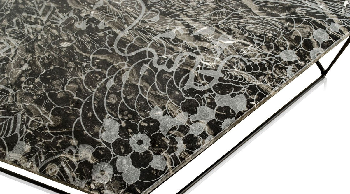 Designer Couchtisch Schwarz mit Muster / Schwarz 89 x 54 x H. 30 cm - Luxus Wohnzimmertisch mit Marmorplatte
