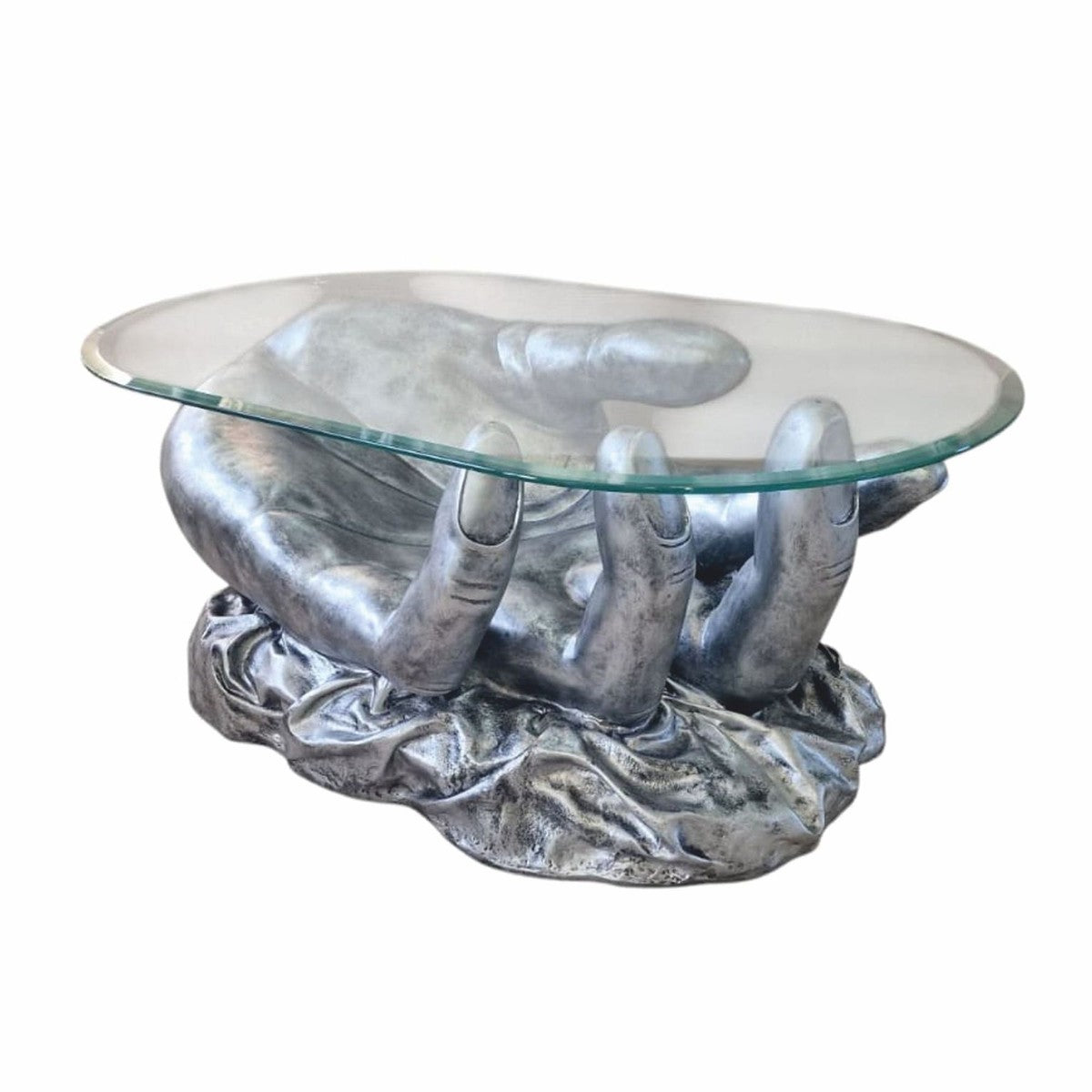 Designer Couchtisch Hand mit Glasplatte Antik Silber 80 cm