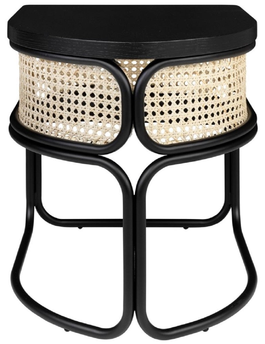 Designer Couchtisch Schwarz / Naturfarben 50 x 40 x H. 45,5 cm - Wohnzimmertisch mit Eichenfurnier Tischplatte edlem Rattangeflecht und pulverbeschichtetem Stahlrahmen