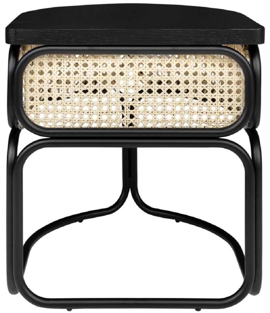Designer Couchtisch Schwarz / Naturfarben 50 x 40 x H. 45,5 cm - Wohnzimmertisch mit Eichenfurnier Tischplatte edlem Rattangeflecht und pulverbeschichtetem Stahlrahmen