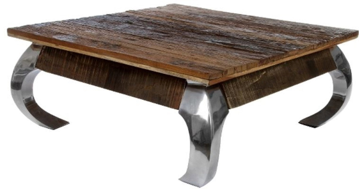 Designer Couchtisch Braun / Silber 100 x 100 x H. 40 cm - Luxus Wohnzimmermöbel