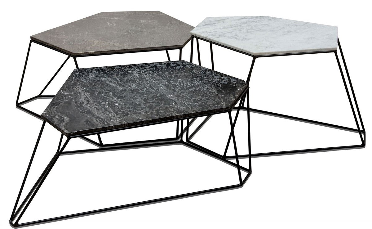 Designer Couchtisch Set Weiß / Grau / Schwarz mit Muster - Luxus Wohnzimmermöbel