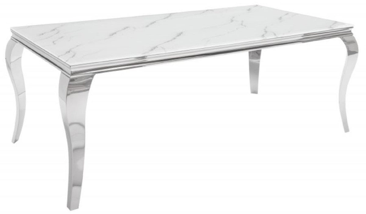Designer Esstisch Weiß / Grau / Silber 180 x 95 x H. 75 cm - Rechteckiger Edelstahl Küchentisch mit digitalbedrucktem Sicherheitsglas in Marmoroptik - Moderne Barock Möbel