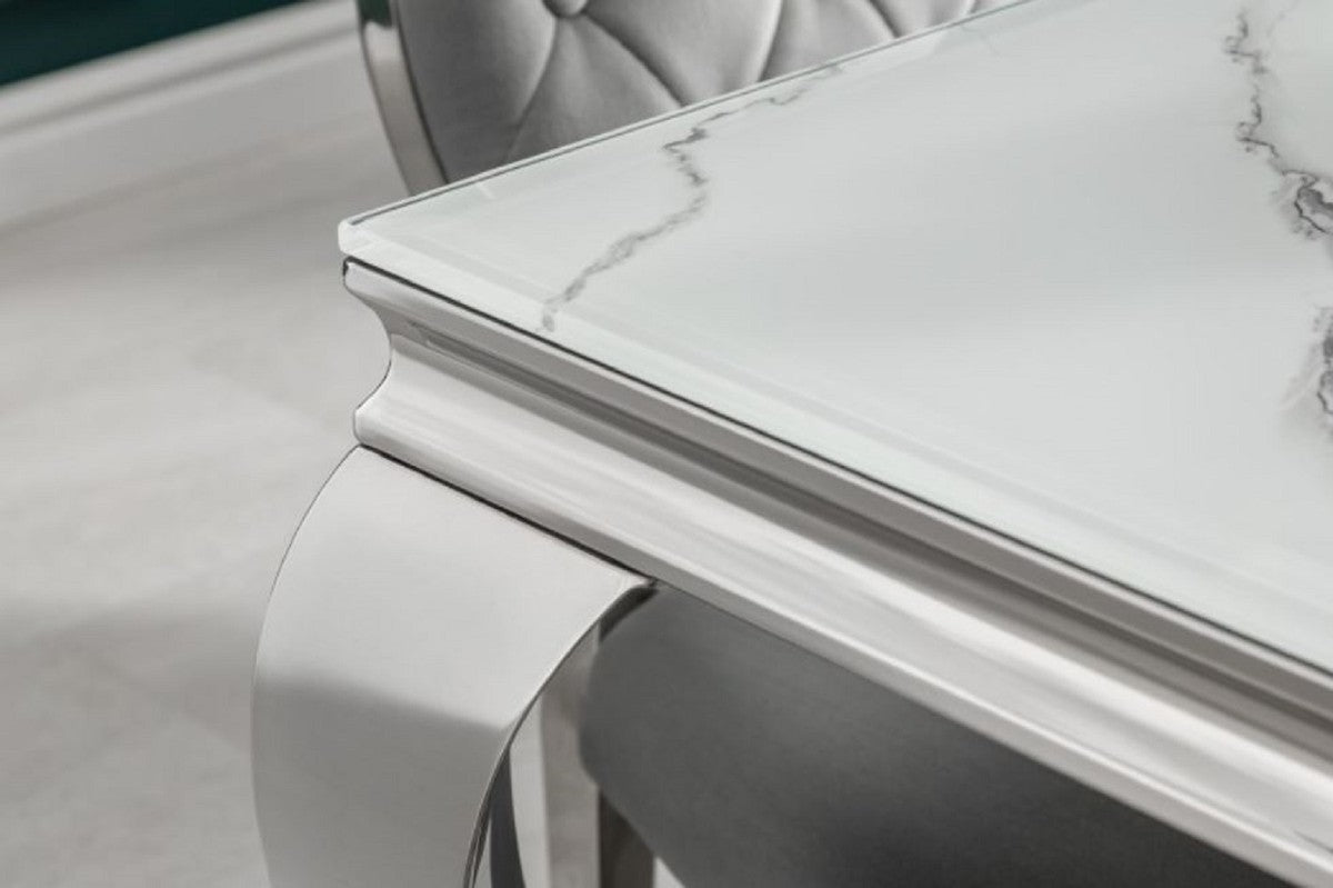 Designer Esstisch Weiß / Grau / Silber 180 x 95 x H. 75 cm - Rechteckiger Edelstahl Küchentisch mit digitalbedrucktem Sicherheitsglas in Marmoroptik - Moderne Barock Möbel