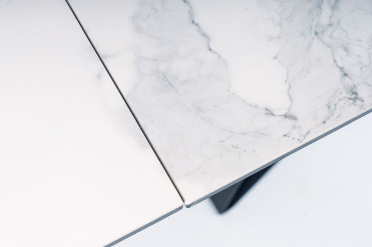 Designer Esstisch Weiß / Matt Schwarz 160-240 x 90 x H. 76 cm - Ausziehbarer Esszimmertisch mit Tischplatte in Marmoroptik - Esszimmer Möbel