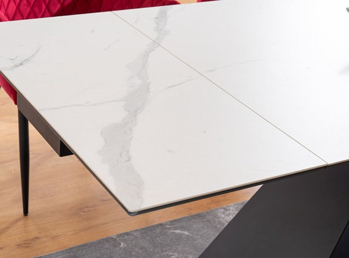 Designer Esstisch Weiß / Matt Schwarz 160-240 x 90 x H. 76 cm - Ausziehbarer Esszimmertisch mit Tischplatte in Marmoroptik - Esszimmer Möbel