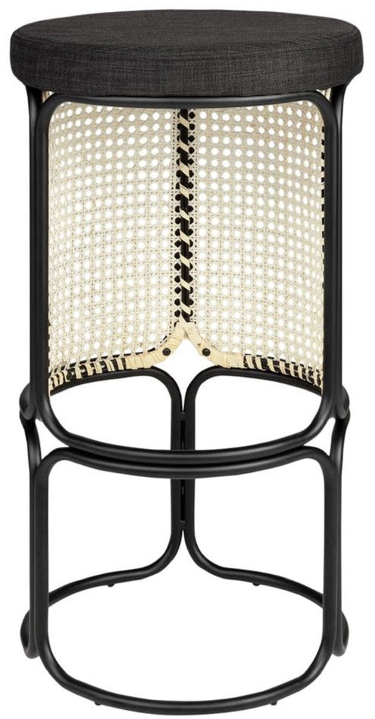 Designer Barhocker Schwarz / Naturfarben Ø 40,5 x H. 75,5 cm - Runder gepolsterter Barstuhl mit edlem Rattangeflecht und pulverbeschichtetem Stahlrahmen