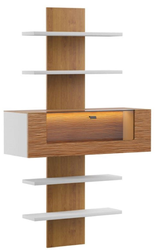 Wandregal Braun / Weiß 110,6 x 40,4 x H. 193,4 cm - Moderne Beleutetetes Massivholz Wandregal - Moderne Wohnzimmer Möbel