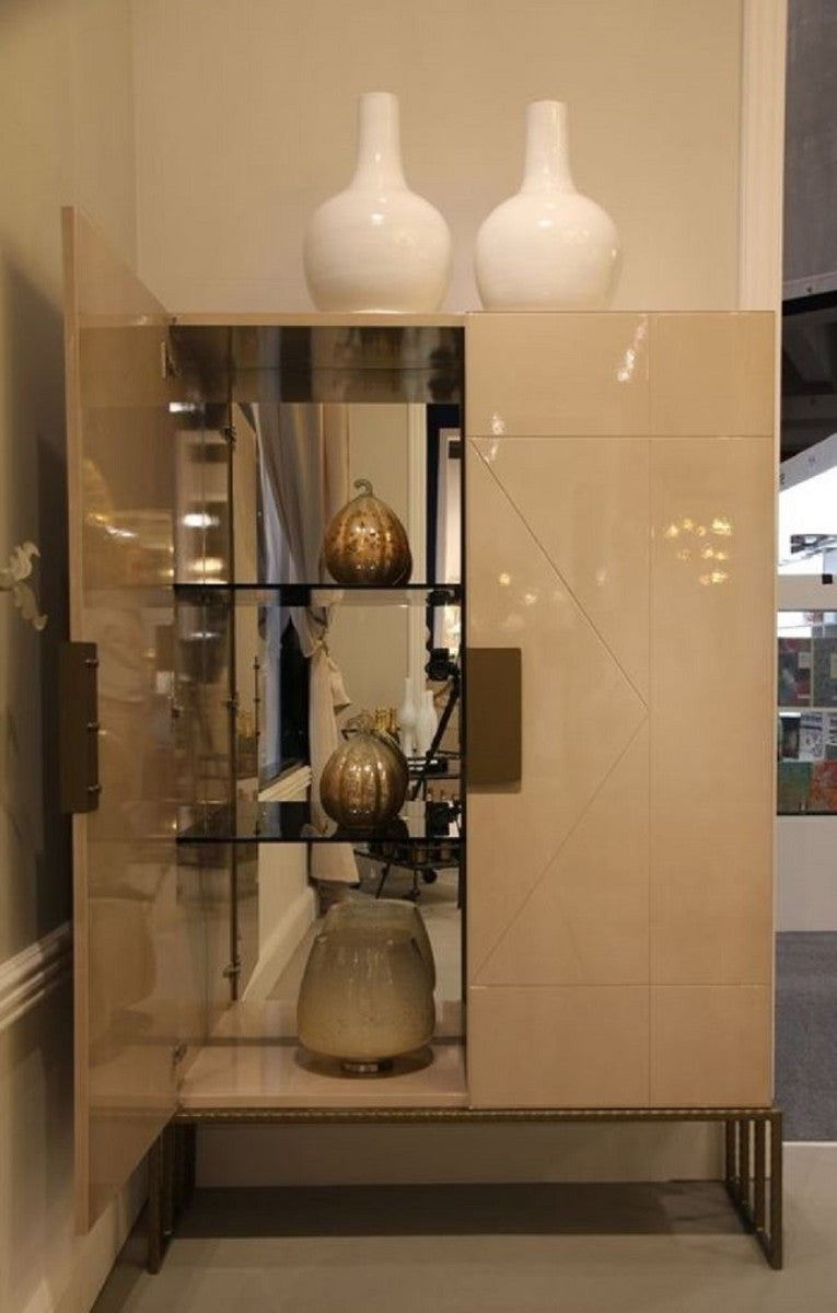 Designer Wohnzimmerschrank Creme / Messing 120 x 45 x H. 175 cm - Wohnzimmer Möbel - Luxus Qualität