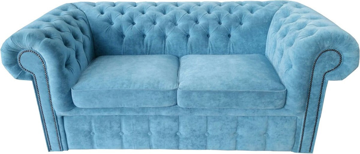 Chesterfield 2er Sofa in Hell Blau 180 x 100 x H. 80 cm - Luxus Chesterfield Schlafsofa
