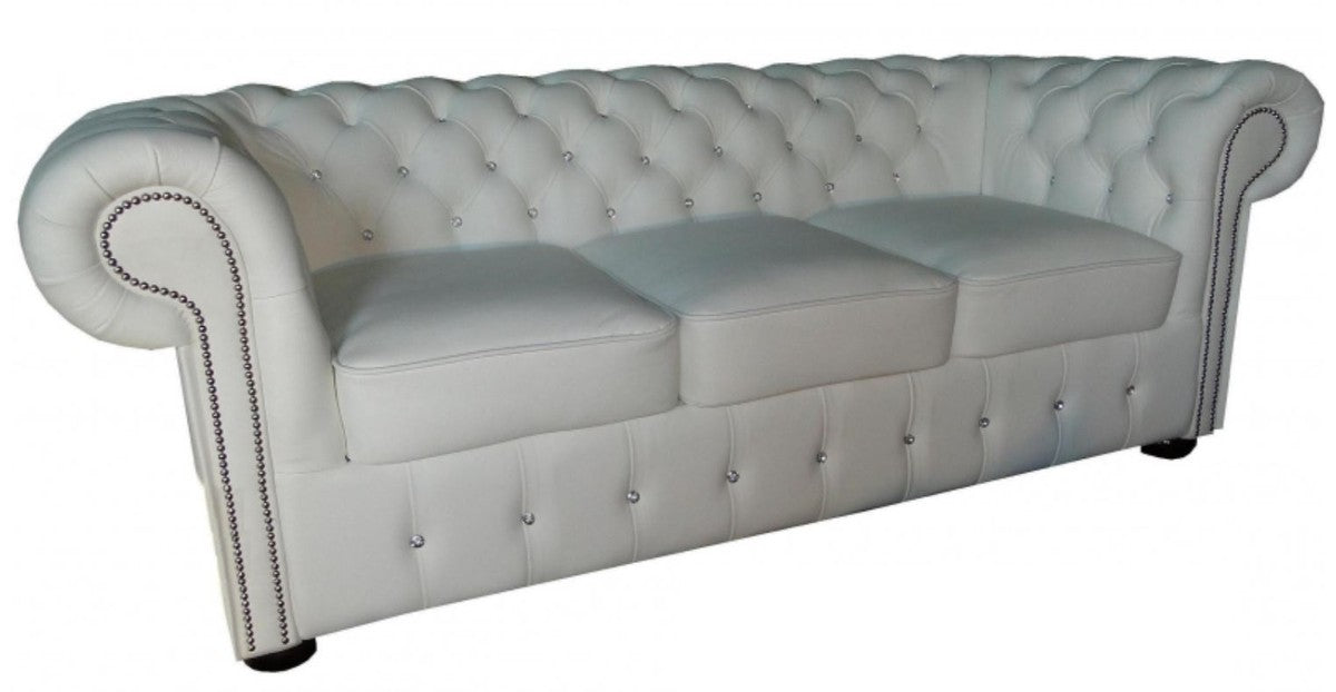 Chesterfield Echtleder 3er Sofa in weiß mit Glitzersteinen 200 x 90 x H. 78 cm - Luxus Möbel