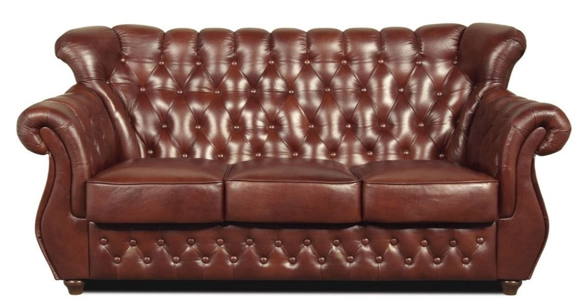 Chesterfield Echtleder 3er Sofa in braun mit dunkelbraunen Füßen 200 x 80 x H. 85 cm - Luxus Qualität