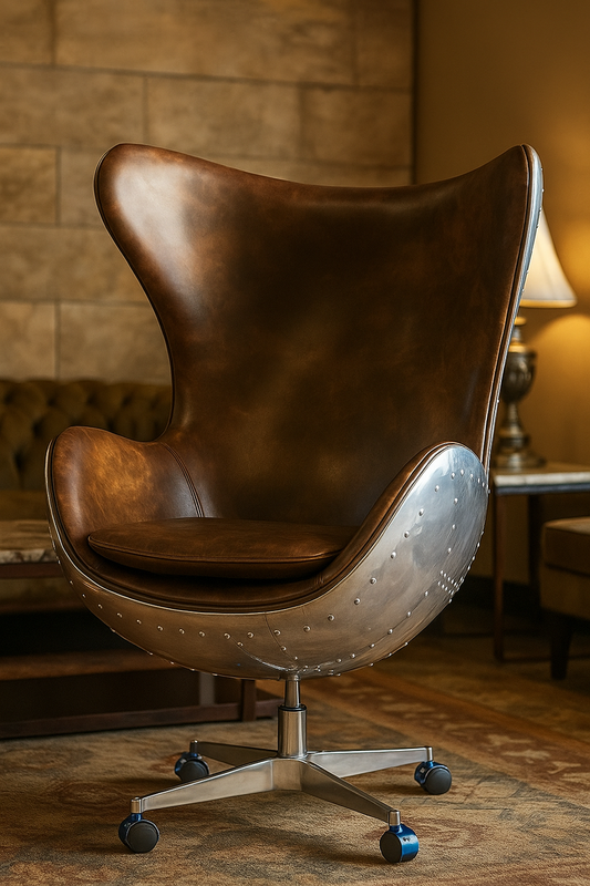 Echtleder Drehsessel Vintage Braun / Silber 85 x 78 x H. 112 cm - Leder Sessel in Eiform - Flugzeug Möbel - Flieger Möbel - Aluminium Möbel - Echtleder Möbel - Luxus Möbel