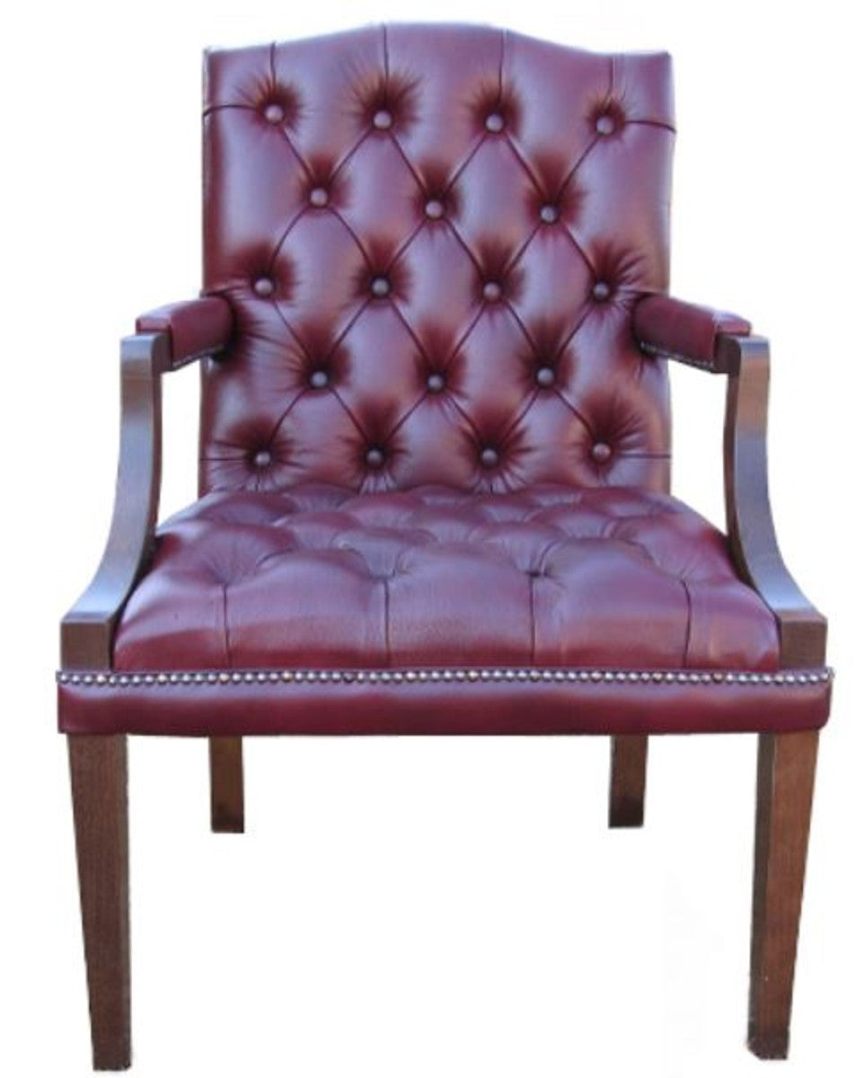 Echtleder Esszimmerstuhl mit Armlehnen Dunkelrot / Braun 60 x 60 x H. 100 cm - Chesterfield Möbel