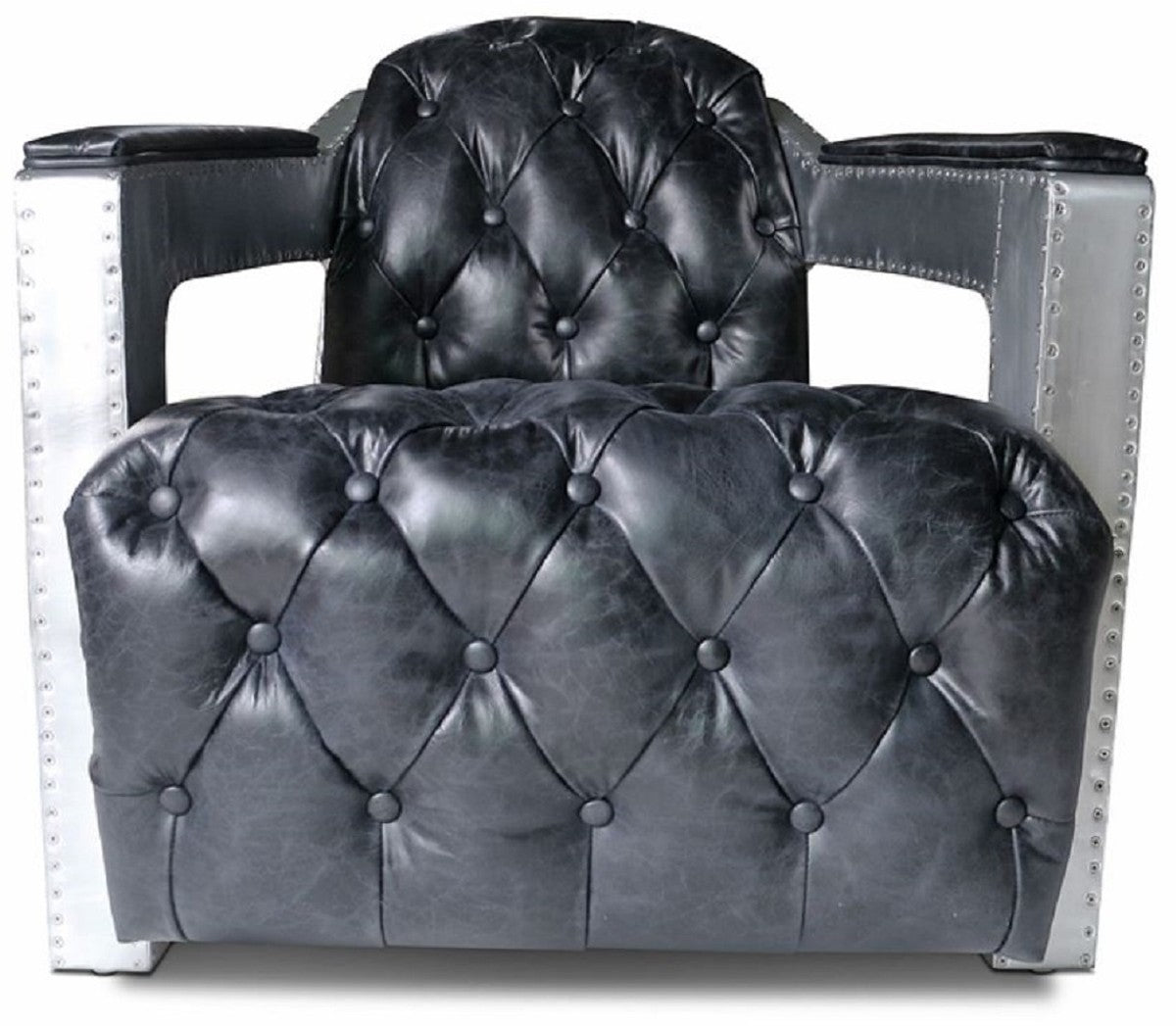 Chesterfield Echtleder Sessel Vintage Schwarz / Silber 73 x 90 x H. 70 cm - Wohnzimmer Leder Sessel - Club Sessel - Lounge Sessel - Art Deco Sessel - Aluminium Flugzeug Flieger Möbel