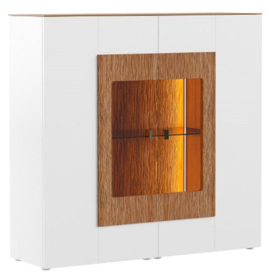 Vitrinenschrank Weiß / Braun 111 x 40 x H. 138 cm - Moderne Beleutete Massivholz Vitrine - Wohnzimmer Schrank - Barschrank - Wohnzimmer Möbel