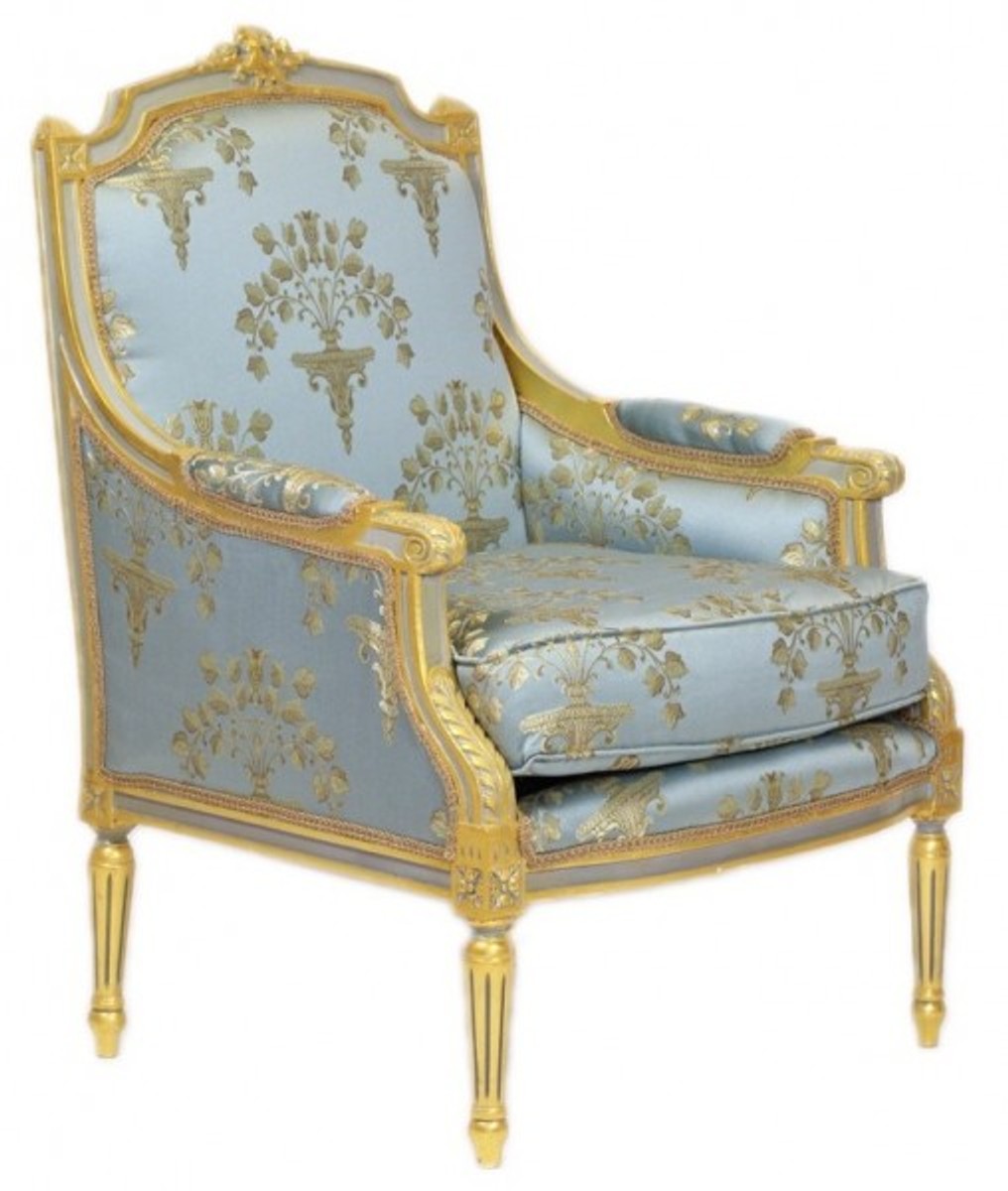 Barock Lounge Thron Sessel Empire Blau-Grau Gold Muster / Gold - Ohren Sessel - Ohrensessel Tron Stuhl