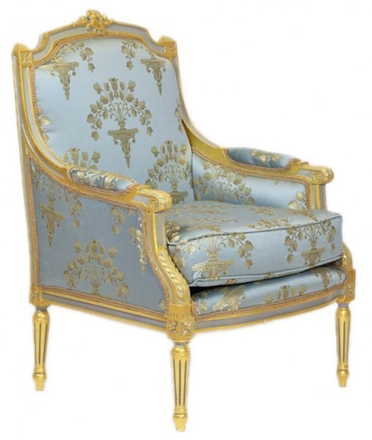 Barock Lounge Thron Sessel Empire Blau-Grau Gold Muster / Gold - Ohren Sessel - Ohrensessel Tron Stuhl
