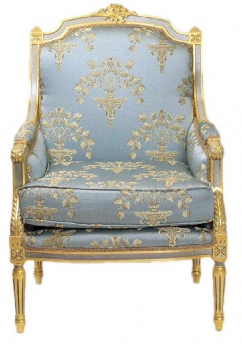 Barock Lounge Thron Sessel Empire Blau-Grau Gold Muster / Gold - Ohren Sessel - Ohrensessel Tron Stuhl