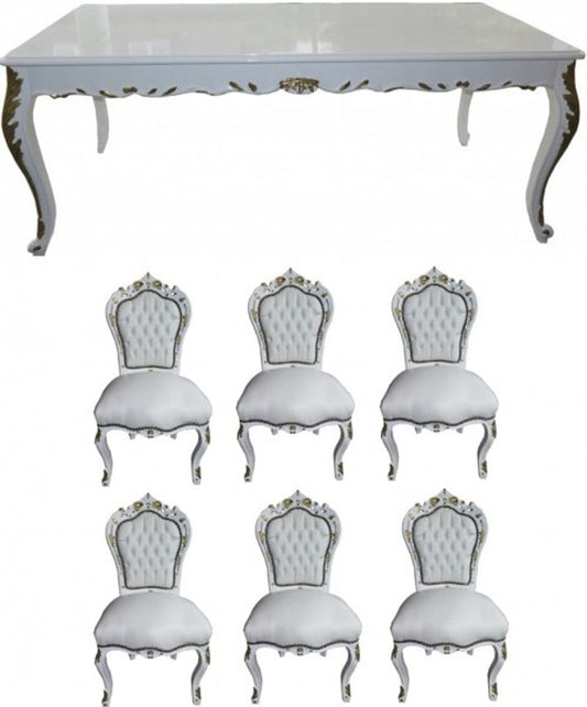Barock Esszimmer Set Weiß / Weiß / Gold - Esstisch + 6 Stühle - Möbel Antik Stil