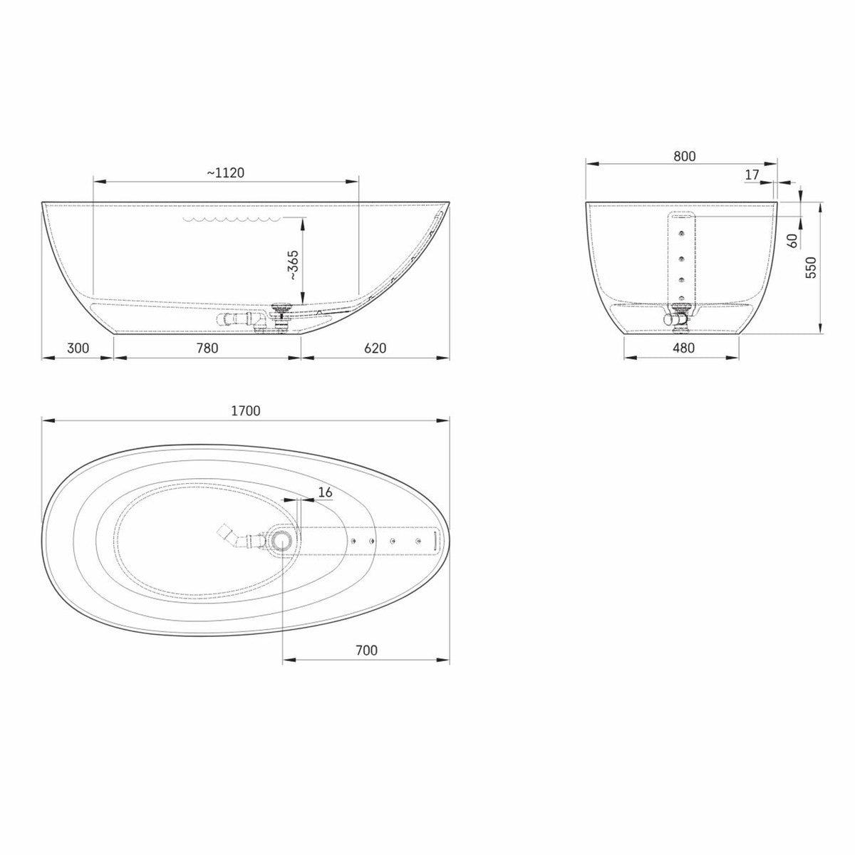 Freistehende Luxus Badewanne in Eiform Graphit 170 cm