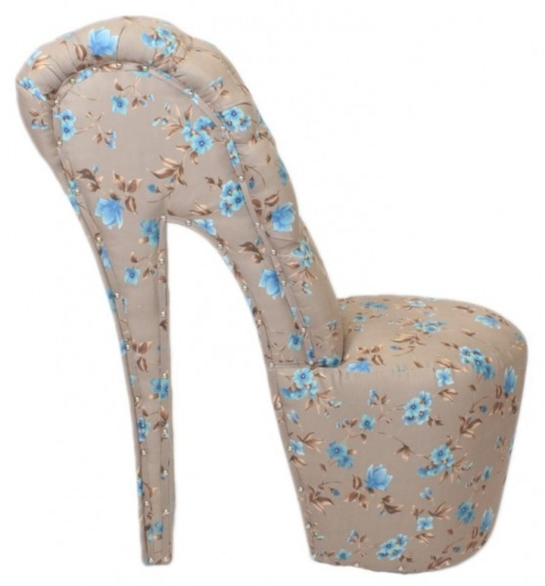 High Heel Sessel Blumen Muster Creme / Blau Luxus Design - Designer Sessel - Club Möbel - Schuh Stuhl Sessel