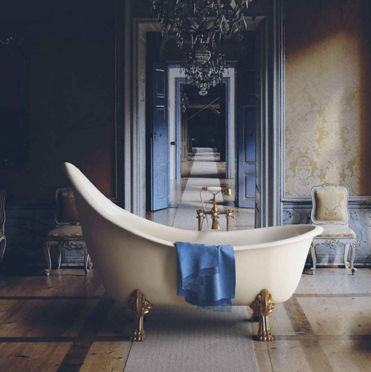 Jugendstil Badewanne Weiß / Gold 180 cm - Freistehende Retro Stil Badewanne