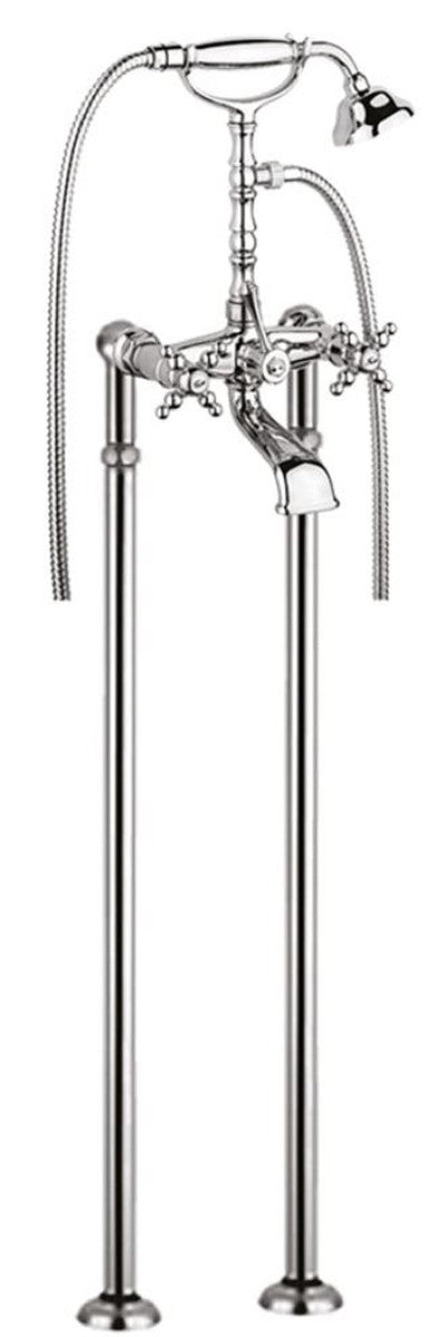 Jugendstil Badewannen Armatur Silber H. 105,5 cm - Nostalgische Badezimmer Badewannen Armatur mit Brause und Standfüßen