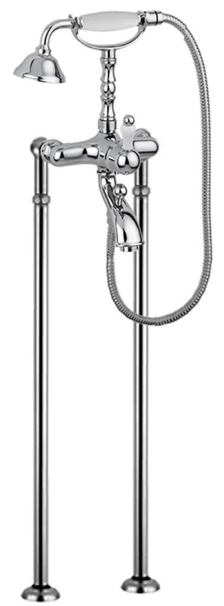 Jugendstil Badewannen Armatur Silber / Weiß H. 105,5 cm - Nostalgische Badezimmer Badewannen Armatur mit Brause und Standfüßen