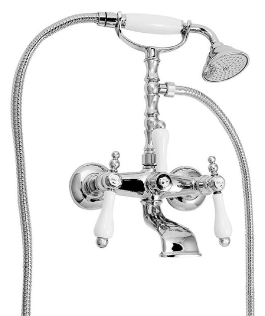 Jugendstil Badewannen Armatur mit Brause Silber / Weiß H. 35,5 cm - Nostalgisches Bad Zubehör - Erstklassische Qualität