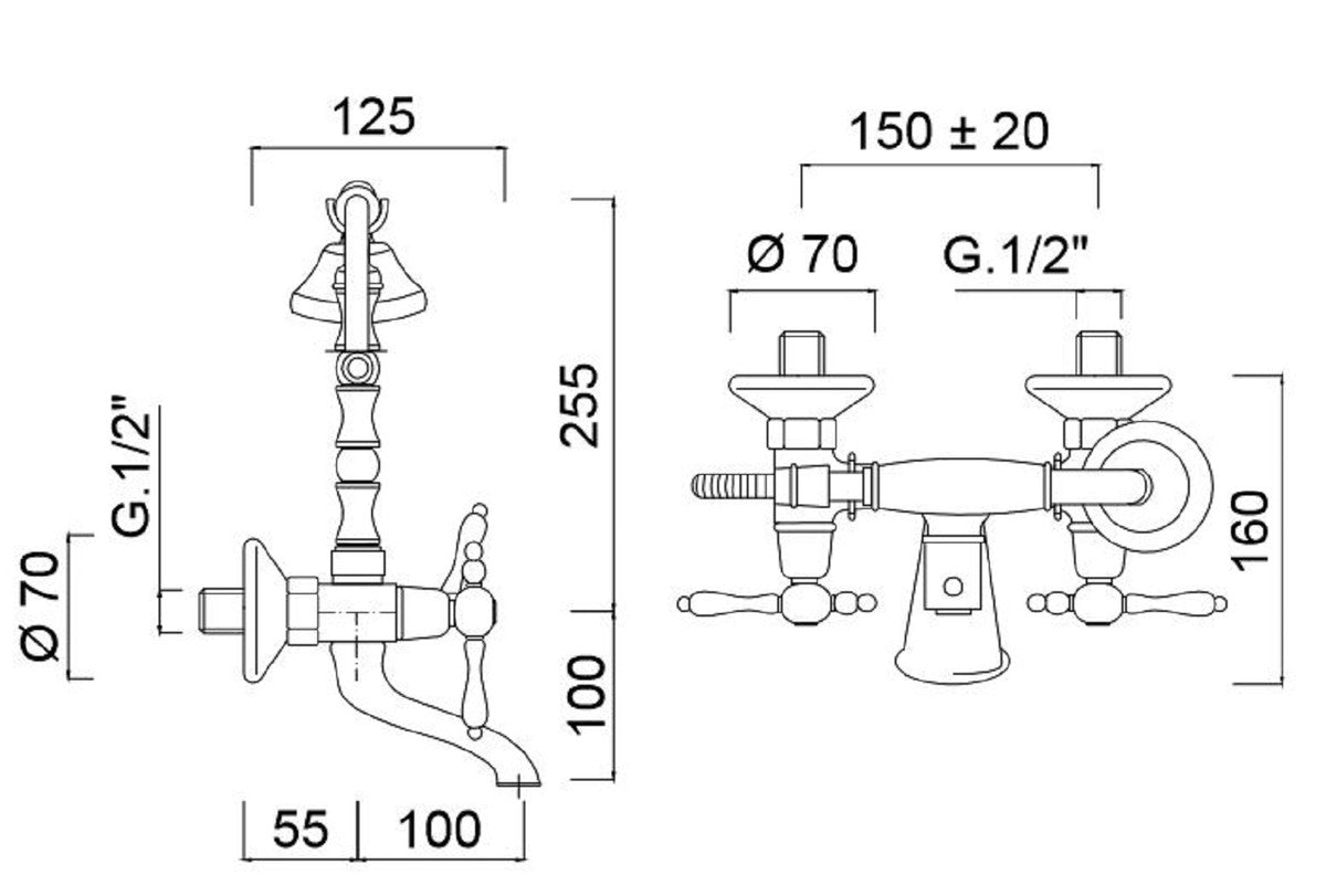 Jugendstil Badewannen Armatur mit Brause Silber / Weiß H. 35,5 cm - Nostalgisches Bad Zubehör - Erstklassische Qualität