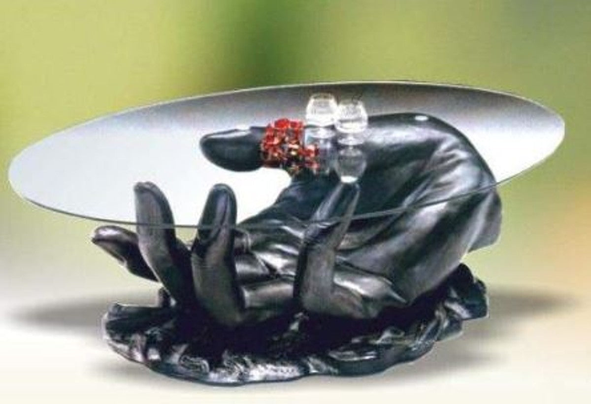 Designer Couchtisch Hand Schwarz 89 x 60 x H. 43,5 cm - Wohnzimmertisch mit ovaler Glasplatte - Designer Wohnzimmer Möbel