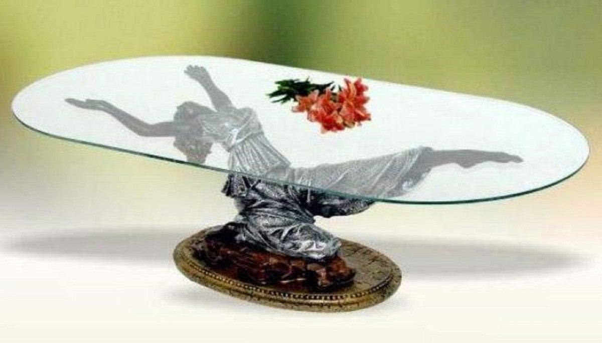 Jugendstil Couchtisch Frau Silber / Braun / Antik Gold H. 45 cm - Eleganter Wohnzimmertisch mit ovaler Glasplatte - Barock & Jugendstil Möbel