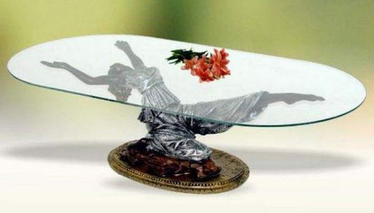 Jugendstil Couchtisch Frau Silber / Braun / Antik Gold H. 45 cm - Eleganter Wohnzimmertisch mit ovaler Glasplatte - Barock & Jugendstil Möbel