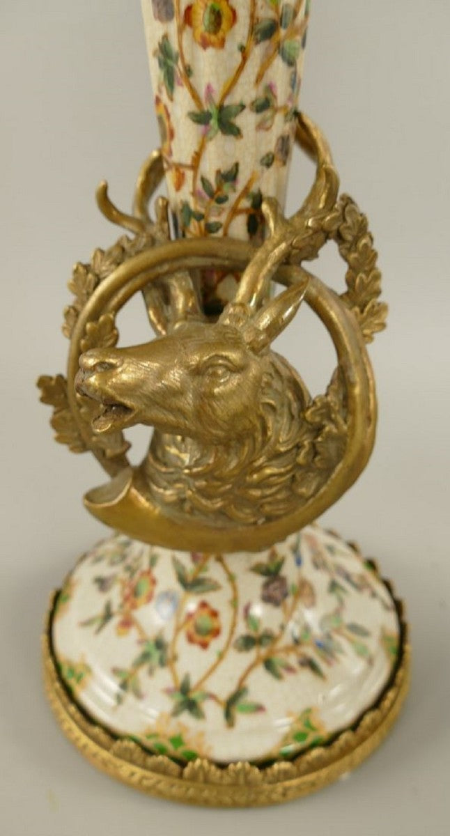 Jugendstil Porzellan Vasen Set Creme / Mehrfarbig / Messing Ø 12 x H. 34 cm - Barock & Jugendstil Deko Accessoires