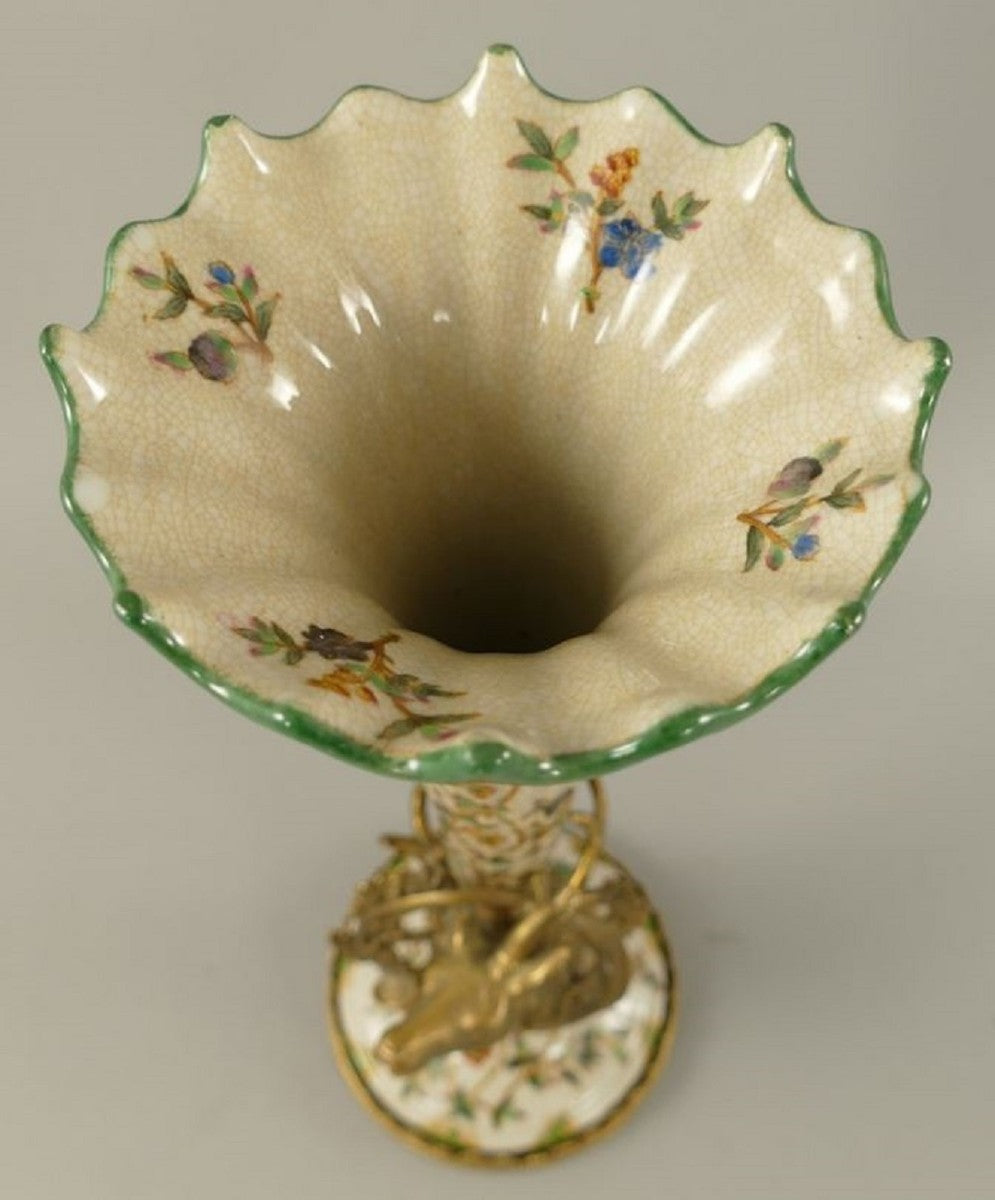 Jugendstil Porzellan Vasen Set Creme / Mehrfarbig / Messing Ø 12 x H. 34 cm - Barock & Jugendstil Deko Accessoires